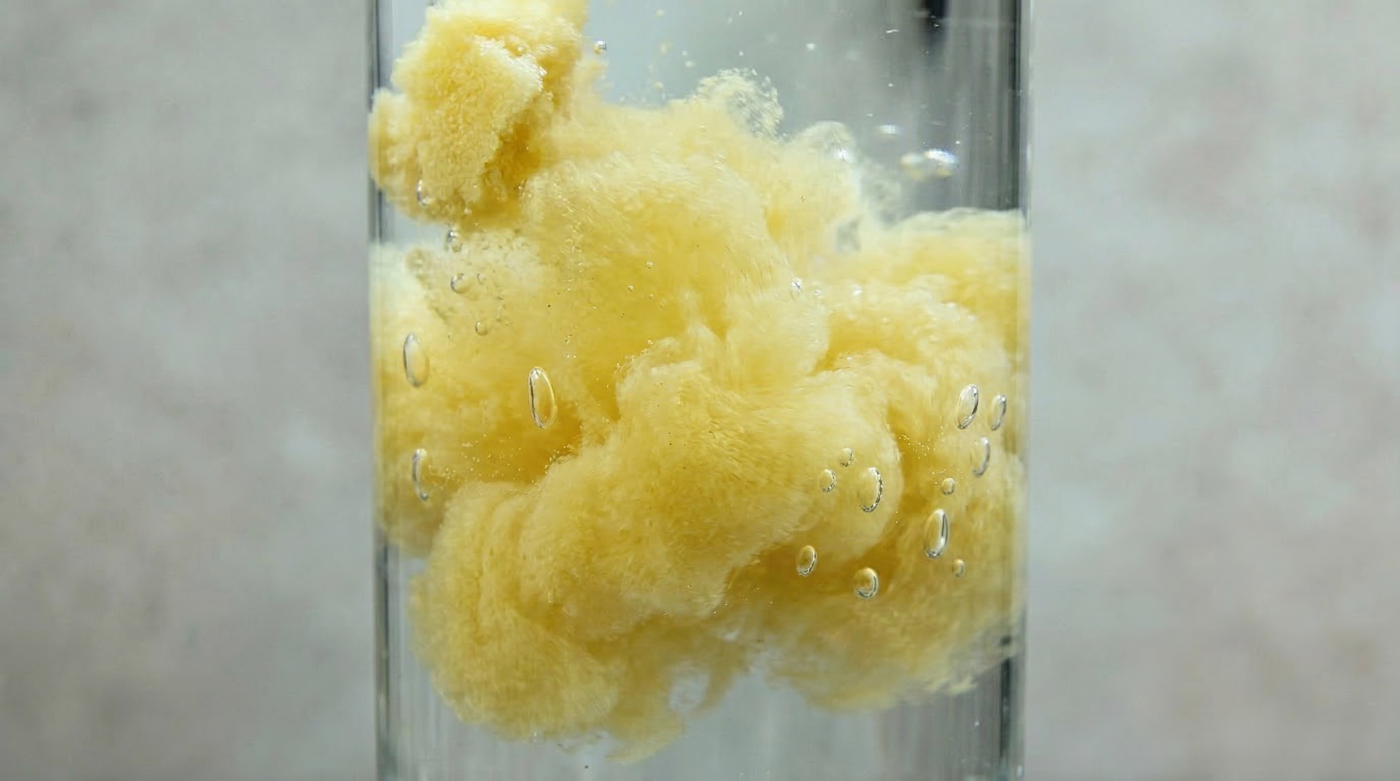 Yellow powder dissolving in a glass of water